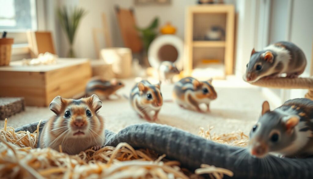 A bright, well-lit room showcasing several species of domesticated rodents. In the foreground, a curious hamster peers out from a cozy bedding setup, its small eyes gleaming with intelligence. In the middle ground, a pair of adorable gerbils scurry playfully across a meticulously arranged habitat, their striped tails and nimble movements capturing the viewer's attention. In the background, a contented pet rat lounges on a perch, its soft gray fur and gentle expression conveying the peaceful, affectionate nature of these unexpected household companions. The scene is bathed in warm, natural lighting, highlighting the gentle, approachable demeanor of these untraditional yet captivating domestic animals.