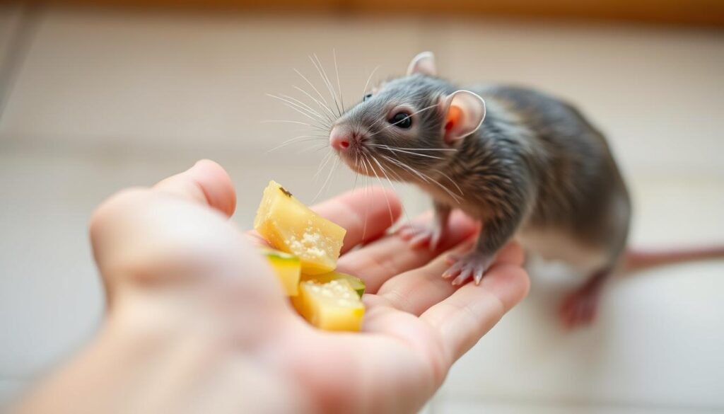 A brightly lit, close-up photograph of a person's hand gently holding a small grey rat, offering it a piece of fresh, sliced vegetable or fruit on their open palm. The rat looks up attentively, its whiskers and beady eyes visible. The background is blurred, keeping the focus on the interaction between the human and the rat. The lighting is soft and natural, creating a warm, caring atmosphere. The image conveys a sense of trust, kindness, and the proper way to hand-feed a pet rat.