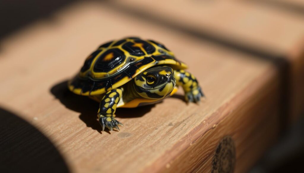 A close-up, high-resolution photograph of a miniature turtle resting on a wooden surface. The turtle has a small, spherical shell with a vibrant yellow and black pattern. The lighting is soft and natural, casting gentle shadows that accentuate the intricate details of the turtle's features. The background is slightly blurred, keeping the focus on the captivating subject. The overall mood is one of serenity and contemplation, inviting the viewer to appreciate the beauty and wonder of this diminutive creature.