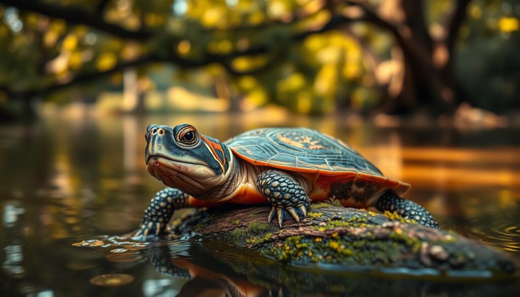 A close-up portrait of a red-faced turtle (Trachemys scripta elegans) resting on a mossy log, partially submerged in a serene pond. The turtle's vibrant red markings around its eyes and chin are in sharp focus, while the background is softly blurred, creating a sense of depth. Warm, diffused natural lighting filters through the canopy of lush, overhanging foliage, casting gentle shadows and highlights on the turtle's shell. The overall mood is one of tranquility and the timeless nature of this long-lived reptile species.