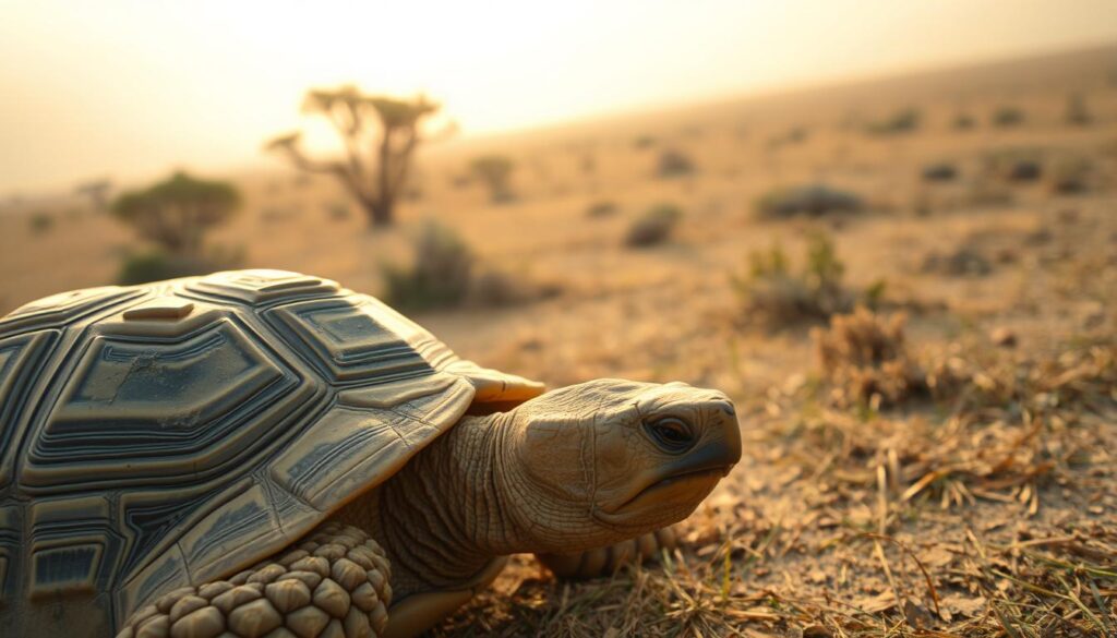 A close-up view of a Horsfield's tortoise, also known as the steppe tortoise, foraging for food in its natural habitat. The tortoise is shown in the foreground, its rough shell and yellowish-green skin clearly visible. In the middle ground, there is a sparse, arid landscape dotted with low-growing shrubs and grasses, reflecting the steppe environment the tortoise thrives in. The background is hazy, with a warm, golden light filtering through, casting a soft glow over the scene. The lighting is soft and diffused, creating a sense of tranquility and intimacy. The angle is slightly elevated, allowing the viewer to observe the tortoise's behavior and diet up close.