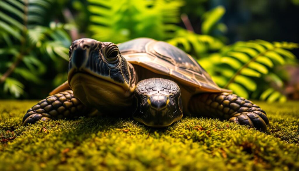 A close-up view of a green turtle resting peacefully on a soft, mossy surface. The lighting is warm and diffused, creating a serene atmosphere. In the background, a lush, verdant environment with ferns and other foliage suggests a tranquil, natural setting. The turtle's shell is detailed, showcasing its intricate patterns, and its eyes are alert yet relaxed, conveying a sense of contentment. The overall composition emphasizes the turtle's needs, highlighting the importance of providing a suitable habitat and proper care for these gentle creatures.