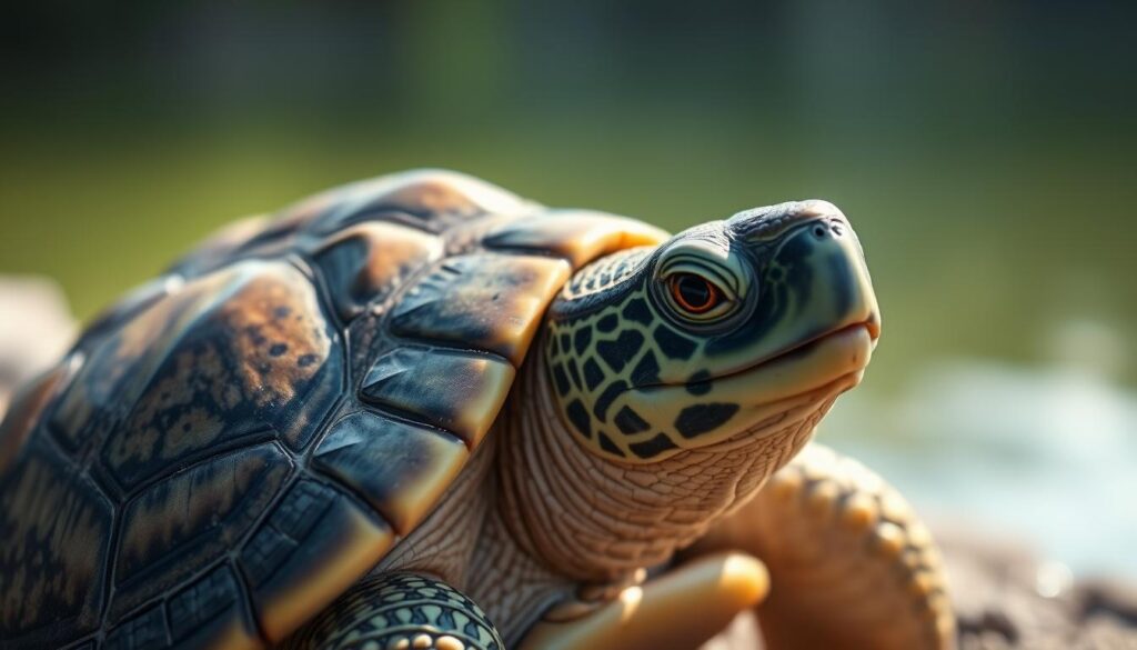 A close-up view of a green turtle with its shell illuminated by soft, diffused lighting, revealing the intricate patterns and textures of its scutes. The turtle is situated in a serene, blurred natural setting, with a calm body of water in the background. The image captures the turtle's ectothermic nature, highlighting the phenomenon of thermoregulation and its adaptations to the environment. The composition emphasizes the turtle's connection to its surroundings, conveying a sense of harmony and the delicate balance of nature.