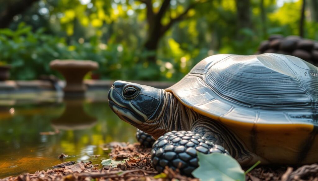 A close-up view of a healthy, adult domestic turtle resting contentedly in a natural habitat, surrounded by lush greenery and a calm, serene water feature. The turtle's shell is supple and well-polished, reflecting the warm, diffused sunlight filtering through the canopy above. The scene conveys a sense of peaceful longevity, hinting at the potential lifespan of these resilient creatures when cared for properly in a domestic setting. Softly focused foreground, with a slightly blurred, verdant background that creates depth and a sense of tranquility.