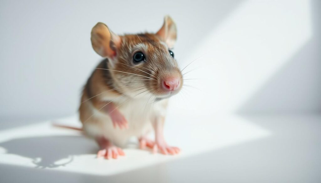 A close-up view of an inquisitive and well-fed laboratory rat, sitting upright on a clean, white surface. The rat's whiskers and eyes are sharply in focus, conveying an intent, intelligent expression. The image is illuminated by soft, natural lighting from the side, casting gentle shadows that accentuate the rodent's contours and textures. The background is a simple, uncluttered plane, allowing the subject to be the sole focus. The overall mood is one of scientific curiosity and fascination with the rat's dietary habits and behaviors.