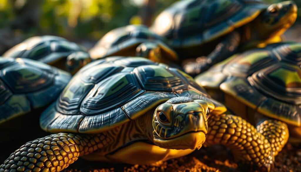 A close-up view of several vibrant green turtle shells, capturing the unique and distinctive features of these fascinating reptiles. The foreground showcases the intricate patterns and textures of the carapace, highlighted by warm, soft lighting that casts gentle shadows. In the middle ground, the distinct scales and limbs of the turtles come into focus, conveying a sense of the creatures' strength and resilience. The background fades into a subtly blurred natural environment, allowing the viewer to concentrate on the detailed anatomy of these remarkable animals. The overall composition and lighting create a captivating and informative visual representation of the key characteristics of turtles.