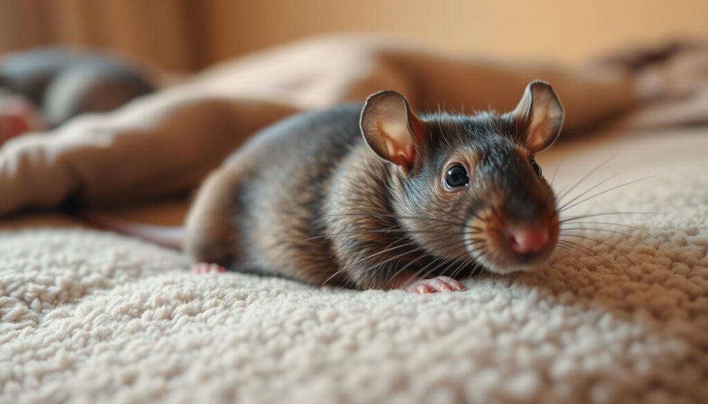 A cozy domestic scene featuring a well-cared-for pet rat lounging on a soft, plush surface. The rat is alert and curious, with a healthy, glossy coat. The lighting is warm and inviting, casting a gentle glow on the scene. The background is slightly blurred, creating a sense of depth and focus on the rat. The composition is balanced and visually pleasing, capturing the beauty and grace of this unique companion animal. The overall mood is one of contentment and peaceful domesticity, reflecting the care and attention given to this beloved pet.