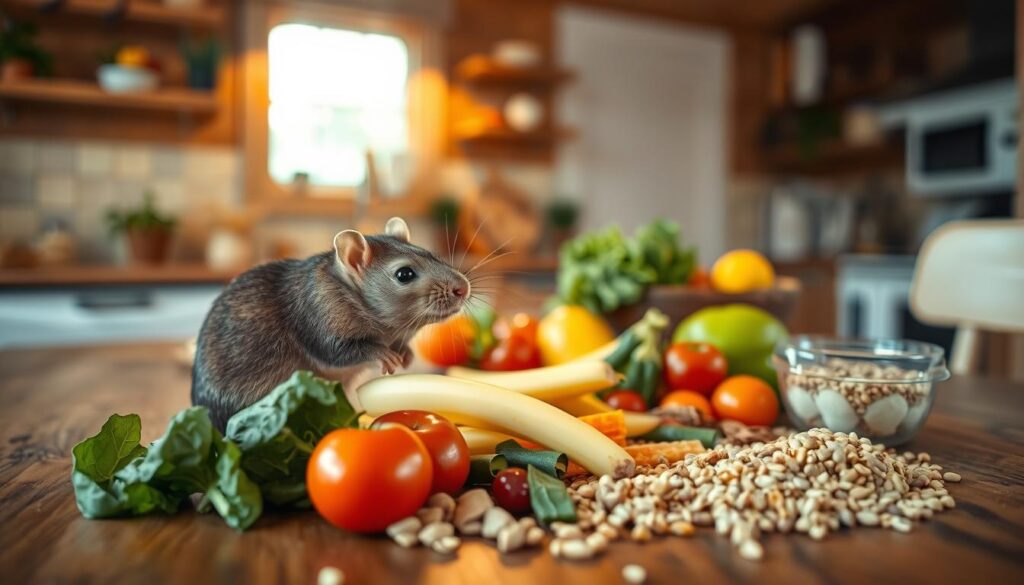 A cozy kitchen interior with warm lighting and a wooden table, featuring a variety of fresh vegetables, fruits, and grains spilled across the surface, as if a family meal is about to be prepared. In the foreground, a curious pet rat sits on the table, examining the different food items with interest, creating a charming and playful scene that showcases the diverse diet that domestic rats can enjoy.