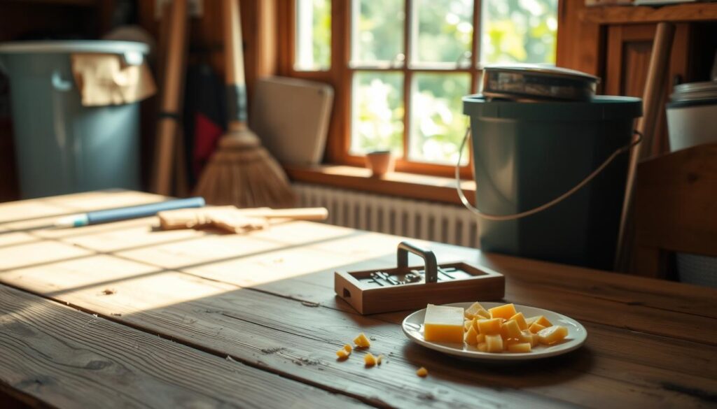 A cozy kitchen setting with a wooden table, natural lighting, and various household items such as a broom, a bucket, and a mouse trap in the foreground. On the table, a plate of homemade bait and a few pieces of cheese. In the background, a window overlooking a lush garden, hinting at the natural environment where the pests might be dwelling. The overall atmosphere is one of a practical, DIY-focused approach to dealing with the rodent problem, with a touch of rustic charm.