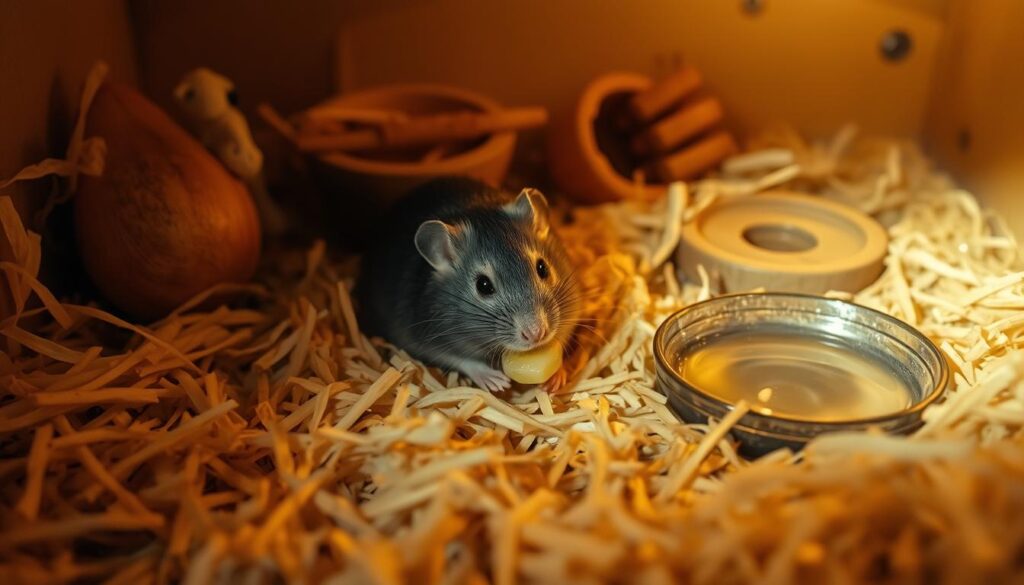 A cozy, warm-lit den with a domesticated rat nestled amidst a plush bedding of soft shredded paper and straw. The rodent contentedly nibbles on a piece of vegetable in its well-appointed enclosure, surrounded by an array of wooden toys and a shallow dish of fresh water. The scene is bathed in a gentle, golden glow, conveying a sense of comfort and security in the rat's living quarters. The perspective offers a close, intimate view, highlighting the details of the rat's nurturing habitat within the confines of a typical household setting.