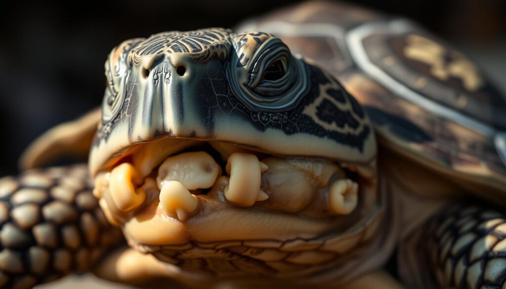 A detailed, close-up image of a turtle's mouth, revealing its lack of teeth. The turtle's jaws are slightly open, exposing the smooth, bony plates that serve as its chewing surface. The lighting is soft and natural, highlighting the texture of the turtle's skin and the intricate patterns on its head. The background is slightly blurred, keeping the focus on the turtle's unique dental anatomy. The overall mood is one of scientific curiosity and exploration, inviting the viewer to examine this fascinating adaptation that allows turtles to thrive without traditional teeth.