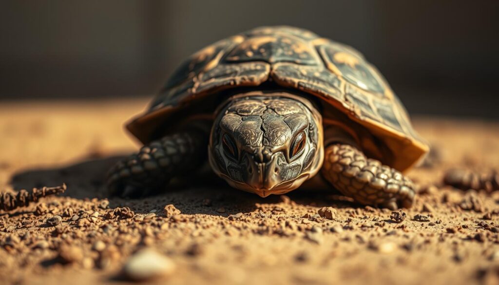 A detailed close-up shot of a deceased turtle resting on a natural, earthy surface. The turtle's shell is cracked and weathered, its lifeless eyes staring vacantly. Soft, warm lighting gently illuminates the scene, casting subtle shadows that emphasize the turtle's fragile form. The background is a neutral, muted palette, allowing the subject to take center stage. The overall mood is somber and contemplative, inviting the viewer to reflect on the delicate cycle of life and death in the natural world.