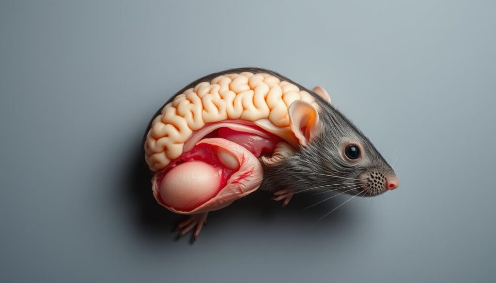 A detailed cross-section of a rat's brain, revealing its intricate neuroanatomy. The frontal lobe, cerebellum, and olfactory bulb are prominently displayed, showcasing the complex structures that enable the rat's intelligence and adaptability. The brain is illuminated by soft, diffused lighting that casts subtle shadows, enhancing the depth and dimensionality of the image. The background is a neutral, minimalist gray, allowing the subject to be the sole focus. The overall composition is clean, balanced, and scientifically accurate, designed to illustrate the connection between the rat's brain and its cognitive abilities.