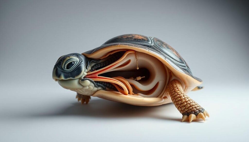 A detailed cross-section of a turtle's ear anatomy, showcasing the intricate structures that enable its hearing abilities. The image should depict the external ear, tympanic membrane, middle ear cavity, and inner ear components in high definition, with a focus on the unique adaptations that allow turtles to perceive sound. Utilize a neutral, scientific color palette and lighting to emphasize the technical nature of the subject matter. Capture the image from a slightly angled, three-quarter view to provide a comprehensive understanding of the ear's functionality. The overall mood should be one of educational clarity, inviting the viewer to explore the remarkable workings of a turtle's auditory system.