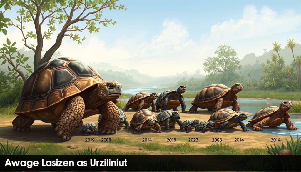 A detailed illustration of the average lifespan of various turtle species, showcased against a naturalistic backdrop. In the foreground, a mature tortoise stands prominently, its weathered shell and wise expression conveying the weight of its years. The middle ground features a diverse array of turtles, from hatchlings to elders, each representative of a distinct species. The background depicts a serene wilderness setting, with lush vegetation, gently flowing water, and a soft, natural lighting that enhances the tranquil atmosphere. The overall composition aims to educate and enlighten, providing a visually engaging representation of the varying lifespans found among these resilient reptiles.