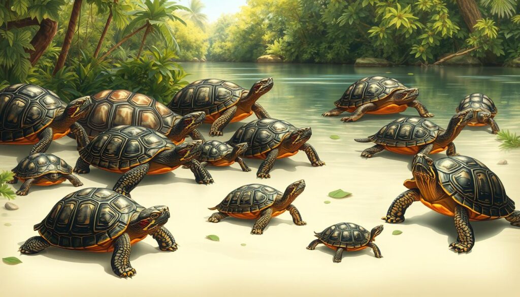 A detailed illustration of various turtle species, showcasing their unique characteristics and diversity. The foreground features a variety of turtle shells, each with intricate patterns and textures, while the middle ground presents the animals in their natural poses, highlighting their distinctive features such as heads, legs, and tails. The background depicts a serene, natural environment, with lush foliage and a tranquil body of water, creating a calming and educational atmosphere. Soft, natural lighting illuminates the scene, emphasizing the beauty and elegance of these fascinating creatures. The composition is balanced and visually appealing, making it an ideal representation of the "Rodzaje żółwi i ich cechy charakterystyczne" section of the article.