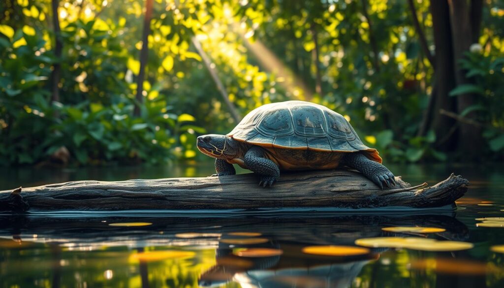 A detailed, serene image of the living conditions and habitat of a semi-aquatic freshwater turtle, highlighting the factors that contribute to its longevity. Sunlight filters through lush foliage, casting a warm glow on a tranquil pond surrounded by verdant vegetation. In the foreground, a turtle rests atop a partially submerged log, its shell weathered by the passage of many years. The turtle is positioned in a manner that showcases its adaptations for both aquatic and terrestrial environments. The overall scene conveys a sense of balance, harmony, and the turtle's ability to thrive in its natural ecosystem.