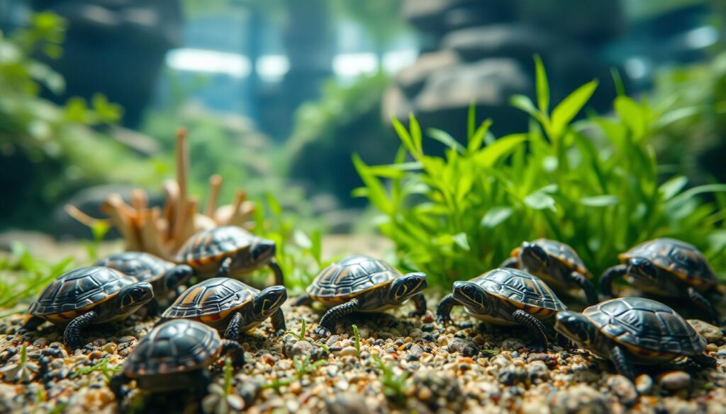 A detailed view of a variety of miniature turtle species in a natural habitat setting. The turtles are shown in the foreground, with varied shell patterns and colors, each distinct in size and appearance. In the middle ground, lush greenery and aquatic plants create a serene underwater environment. The background features a softly blurred, dreamlike landscape with hints of rocky formations and sunlight filtering through the water. The lighting is soft and diffused, capturing the delicate nature of these tiny reptiles. The overall composition conveys a sense of wonder and appreciation for the diversity of miniature turtle species.
