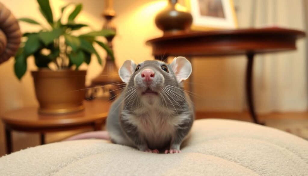 A domestic pet rat in a cozy home environment. The rat is sitting on a plush cushion, its soft gray fur illuminated by warm, diffused lighting. It looks up with bright, inquisitive eyes, its small nose twitching as it sniffs the air. The background features tasteful, elegant decor - a wooden end table, a potted plant, and a hint of a patterned rug. The overall scene conveys a sense of comfort, companionship, and the quiet joy of having a rat as a beloved household member.