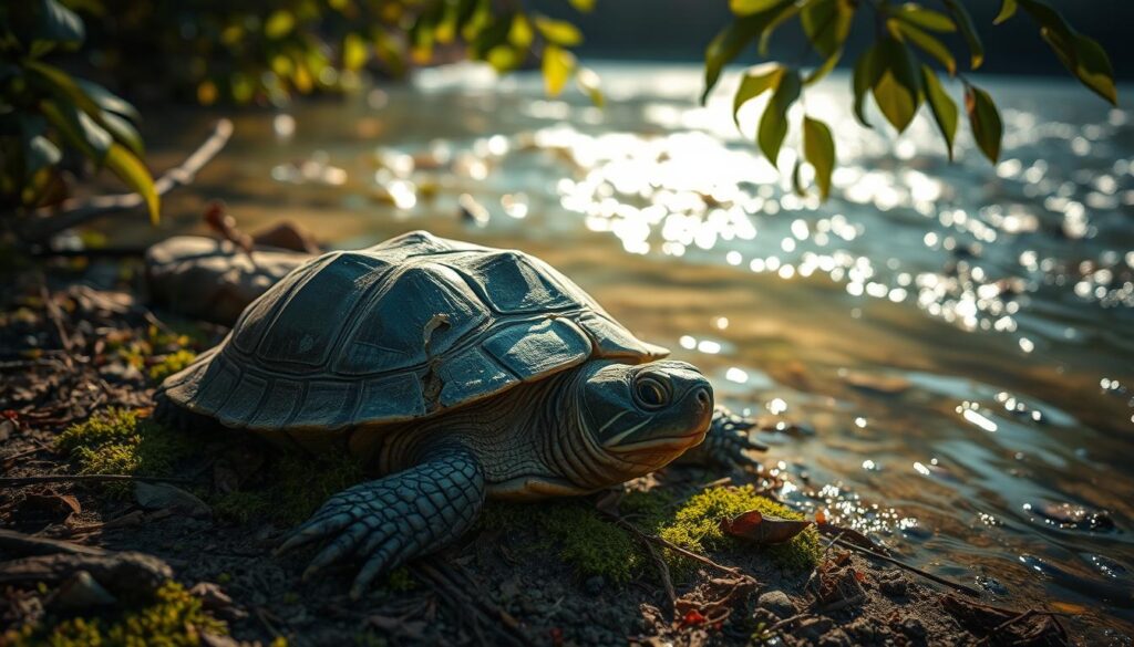 A dying turtle resting on a riverbank, its shell cracked and covered in moss. Sunlight filters through the surrounding foliage, casting a warm, somber glow. The turtle's eyes are half-closed, its limbs feebly extended, as it takes its final breaths. In the distance, the sound of flowing water and the rustling of leaves create a melancholic ambiance. The scene evokes a sense of the natural cycle of life and the peaceful passing of a once-vibrant creature.