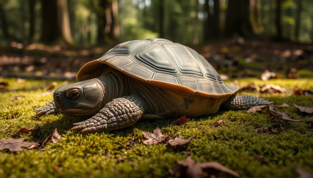 A elderly turtle lying on its side, its shell worn and cracked, eyes closed peacefully. Its limbs are relaxed, signaling the natural end of its life cycle. The scene is set in a serene, natural environment - a mossy forest floor with fallen leaves, dappled sunlight filtering through the canopy above. The lighting is soft and warm, creating a meditative, melancholic atmosphere. The composition places the turtle centrally, allowing the viewer to focus on its tranquil passing. Overall, the image conveys the dignified, inevitable conclusion of the turtle's lifespan in an organic, undisturbed setting.