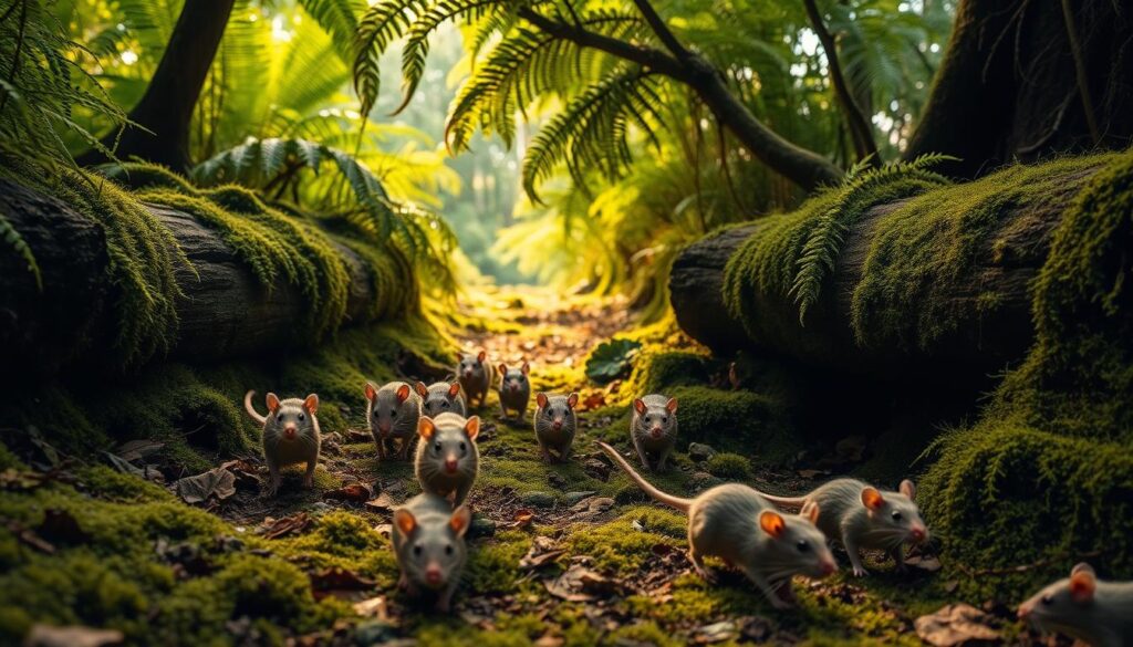 A family of rats scurrying across a lush, overgrown forest floor, mossy logs and ferns providing a verdant natural canopy overhead. Warm, diffused sunlight filters through the dense foliage, casting dappled shadows on the scurrying rodents as they navigate their intricate network of burrows and runways. The rats' nimble movements and alert postures convey a sense of cautious exploration, their beady eyes and twitching whiskers hinting at the complex social dynamics and survival instincts of the colony. The scene captures the adaptive resilience of these ubiquitous yet often misunderstood creatures thriving in their untamed habitat.