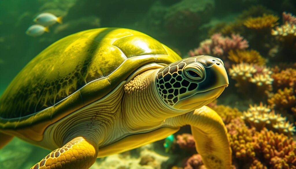A healthy, thriving sea turtle basking in the warm, tropical sunlight, its domed shell a deep, verdant green, smooth and shimmering. The turtle's leathery skin glows with vitality, its eyes alert and curious as it stretches its long neck, taking in its lush, verdant surroundings. The scene is bathed in soft, golden rays, creating a serene, tranquil atmosphere. In the background, a vibrant coral reef teems with colorful marine life, hinting at the turtle's preferred habitat and the rich, biodiverse ecosystem it inhabits. The overall composition conveys a sense of balance, harmony, and the turtle's contentment in its natural, healthy state.