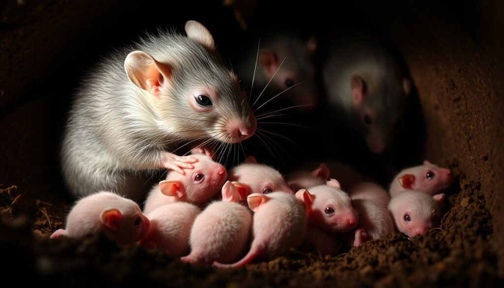 A litter of newborn rats nestled in a cozy burrow, their tiny pink bodies huddled together. In the foreground, a mother rat tenderly grooms her pups, her whiskers twitching as she attends to their needs. The dim, earthy lighting casts a warm, intimate glow, highlighting the delicate fur and the gentle movements of the family. In the background, the shadowy silhouettes of the father rat and other adult rats can be seen, creating a sense of a thriving rat colony. The scene captures the essence of rat reproduction, showcasing the care and nurturing instincts of the parents as they guide their young through the early stages of life.