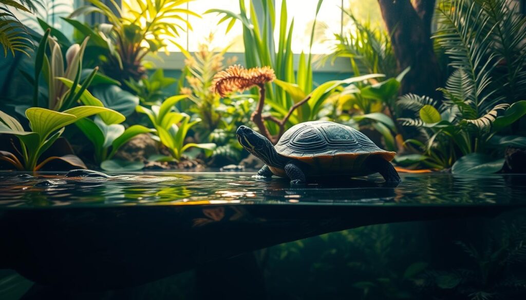 A lush, aquatic terrarium filled with a vibrant underwater scene. In the foreground, a semi-aquatic turtle reclines on a partially submerged log, its shell reflecting the shimmering surface of the water. The middle ground features a variety of aquatic plants, their broad leaves and delicate fronds swaying gently with the current. In the background, a sunlit window allows natural light to filter in, casting a warm, golden glow over the entire scene. The overall atmosphere is serene and peaceful, creating a tranquil environment suitable for the turtle's needs.