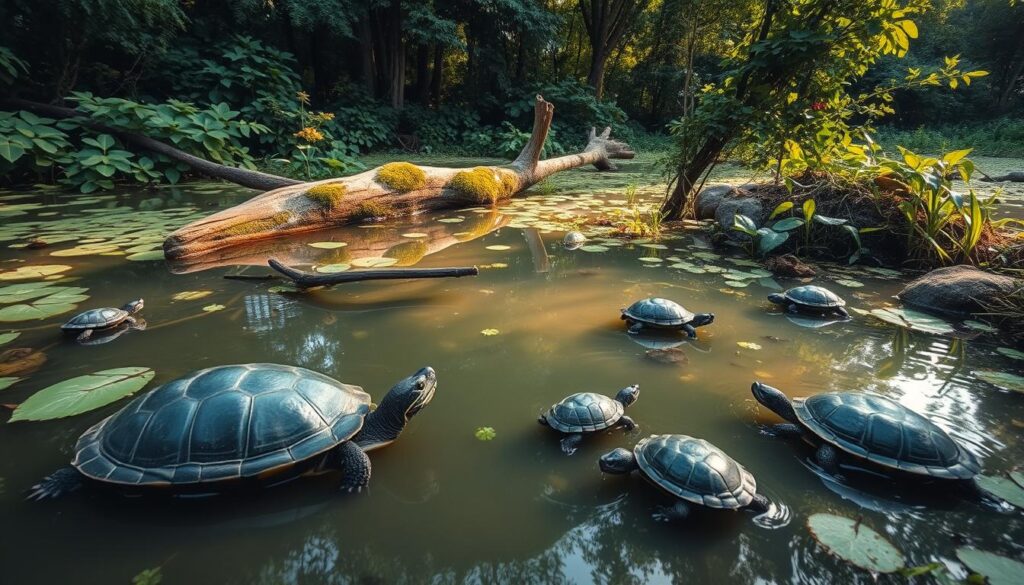 A lush, tranquil pond surrounded by verdant foliage, where a family of aquatic turtles peacefully forage for their natural diet. In the foreground, a large, well-carapaced turtle delicately plucks aquatic plants from the surface, while smaller hatchlings cautiously explore the shallow waters, hunting for insects and small crustaceans. The mid-ground features a fallen log, mossy rocks, and dense aquatic vegetation, providing ample cover and nesting sites for the turtle colony. Soft, diffused sunlight filters through the canopy of trees, casting a warm, golden glow over the entire scene, evoking a sense of harmony between the turtles and their thriving, natural habitat.