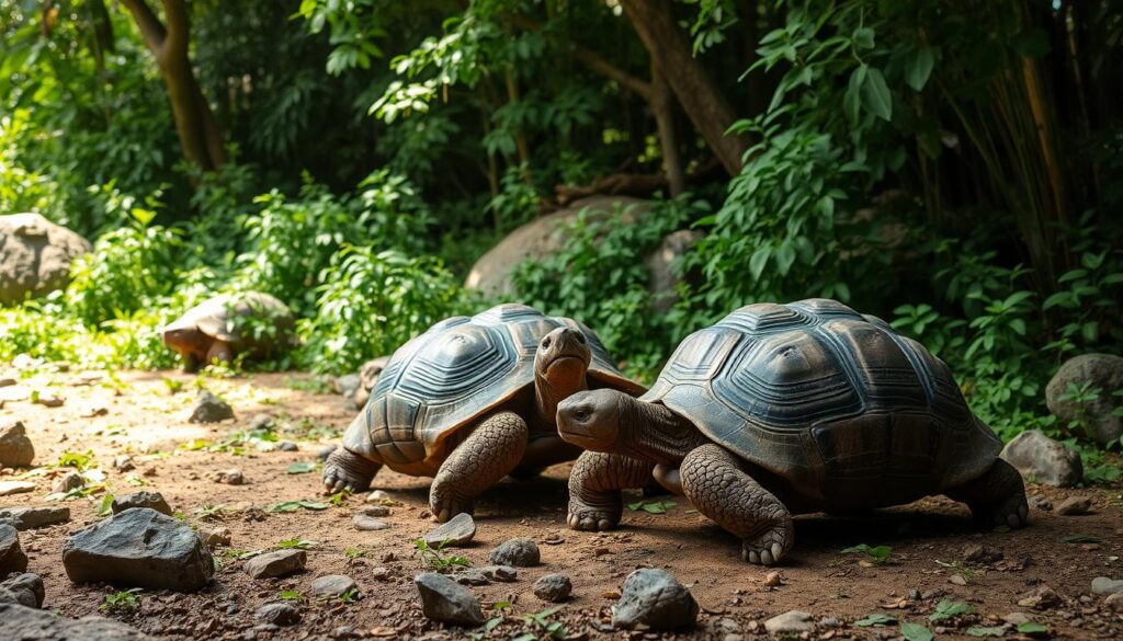 A lush, verdant habitat with scattered stones and foliage. In the foreground, two Chinese giant tortoises engage in playful interaction, their shells gently touching as they explore their environment. Their movements are unhurried, conveying a sense of tranquility. Soft, diffused lighting filters through the canopy, casting gentle shadows that accentuate the contours of their shells. The scene is infused with a serene, contemplative atmosphere, inviting the viewer to observe the social dynamics of these ancient, resilient creatures.