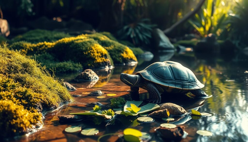 A lush, verdant scene of a terrestrial-aquatic turtle in its natural habitat. The turtle gracefully navigates between the land and water, with mossy rocks and green aquatic plants in the foreground. Warm, diffused sunlight filters through the canopy, casting a gentle glow over the serene setting. The turtle's shell reflects the shimmering surface of the shallow pond, as it approaches a selection of nutritious greens and vegetables laid out specifically for its balanced, hybrid diet. The overall mood is one of tranquility and harmony, inviting the viewer to observe the turtle's peaceful existence.