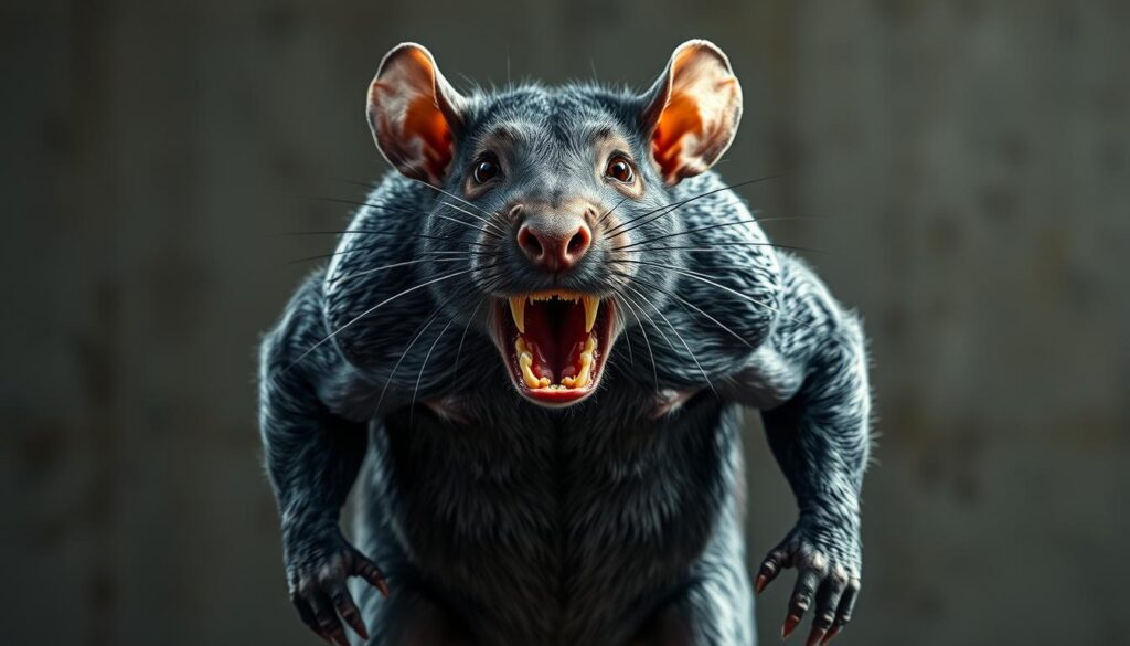 A muscular and powerful gray rat stands tall, its sharp teeth and strong jaws on full display. The rat's intense gaze conveys a sense of unwavering determination. Dramatic lighting casts dramatic shadows, emphasizing the rodent's impressive physique and highlighting its potential to chew through even the toughest materials. The rat is set against a stark, industrial background, suggesting its ability to adapt to and thrive in a variety of environments. The overall impression is one of a formidable and adaptable creature, capable of overcoming seemingly insurmountable obstacles.