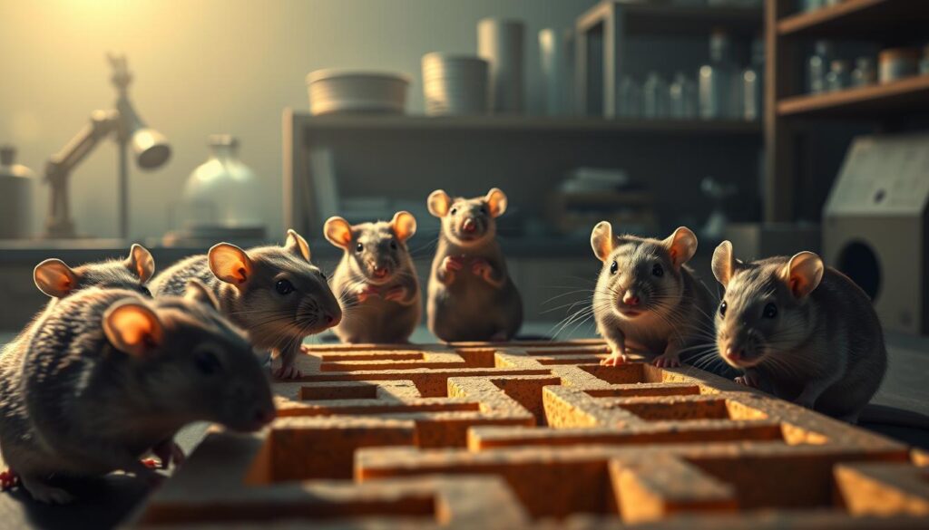 A pack of savvy and inquisitive rats gathered in a dimly lit laboratory, their eyes gleaming with an unmistakable intelligence. The foreground features a trio of rats intently studying a maze, their paws delicately tracing the path as they navigate the challenge. In the middle ground, a lone rat stands upright, its head tilted slightly as if contemplating a complex problem. The background depicts the laboratory setting, with a mix of scientific equipment, shelves, and shadows cast by soft, warm lighting, creating a pensive, almost philosophical atmosphere. The rats' expressions convey a sense of problem-solving, curiosity, and an undeniable cognitive capability that defies their rodent status.