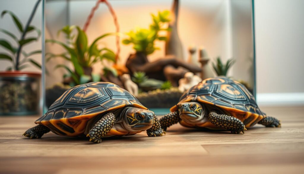 A pair of domestic turtles resting peacefully in a cozy home environment. The foreground features the two turtles, their shells glistening with natural textures and colors. The middle ground showcases a well-appointed terrarium with lush plants, a warm lighting setup, and decorative accents that create a harmonious, inviting atmosphere. The background softly blurs into a neutral, soothing tone that emphasizes the serene, homely setting. Photographed with a shallow depth of field to draw the viewer's attention to the captivating details of the turtles and their enclosure.