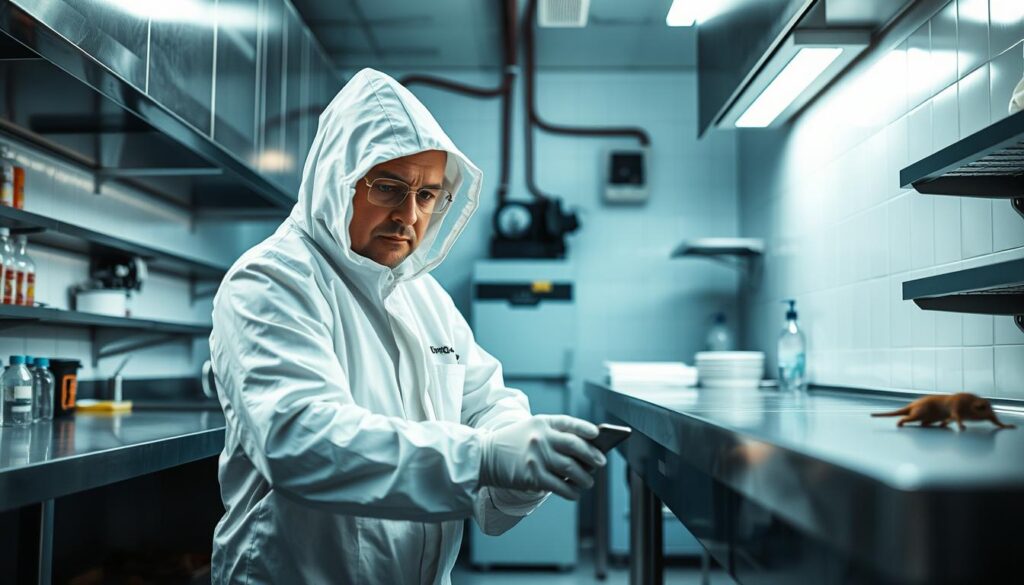 A professional exterminator in a white hazmat suit meticulously inspecting a commercial kitchen for signs of rodent infestation. Bright task lighting illuminates the stainless steel countertops and appliances, casting dramatic shadows. In the background, a sterile lab-like workspace with equipment and tools for pest control. The exterminator's expression is focused and determined, hinting at the importance of thorough, expert intervention to eliminate the threat of harmful pests in a professional setting. The overall scene conveys a sense of cleanliness, efficiency, and a serious, no-nonsense approach to comprehensive pest management.