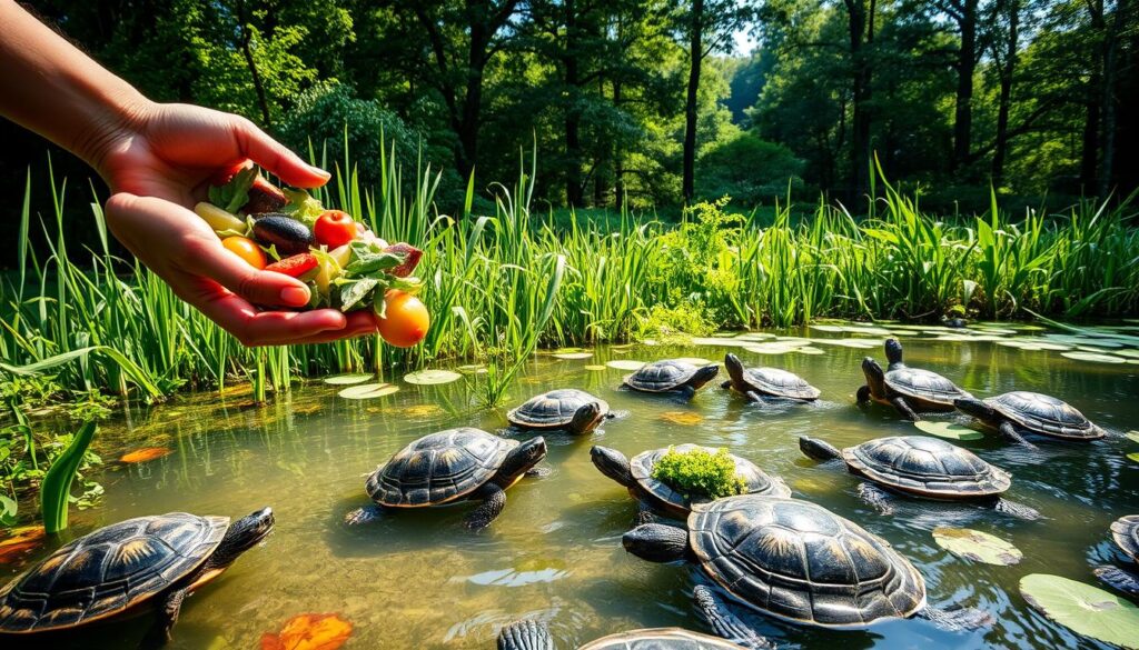 A scene of various species of popular aquatic turtles being fed in a natural habitat. In the foreground, a person's hands gently offering a variety of fresh vegetables, fruits, and aquatic plants to several turtles swimming in a shallow pond. The middle ground features a lush, verdant landscape with tall reeds and aquatic plants surrounding the tranquil waters. The background showcases a serene, wooded area with dappled sunlight filtering through the trees, creating a calming, naturalistic atmosphere. The lighting is soft and diffused, highlighting the vibrant colors of the turtles and the greenery. The composition emphasizes the harmony between the turtles and their caregivers in their natural environment.