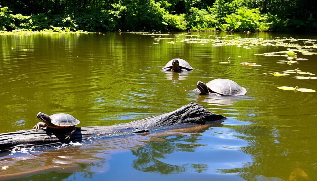 A serene freshwater pond surrounded by lush greenery, the surface gently rippled by the swimming movements of a group of colorful aquatic turtles. The sunlight filters through the trees, casting a warm, natural glow on the scene. In the foreground, a pair of young red-eared slider turtles bask on a partially submerged log, their vibrant shells gleaming. In the middle ground, a larger common snapping turtle emerges from the water, its powerful jaws and rough carapace a testament to its prehistoric ancestry. In the background, the pond is dotted with floating aquatic plants, creating a tranquil, biologically diverse habitat for these captivating reptiles.