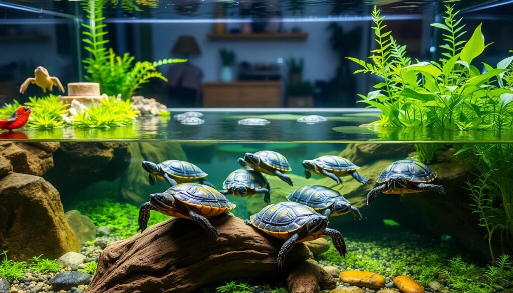 A serene indoor aquarium setup showcasing the vibrant and captivating world of Polish freshwater turtle breeding. The foreground displays a well-maintained tank with lush aquatic plants, natural rocks, and a warm basking area. In the middle ground, several young turtles of various species, such as red-eared sliders and European pond turtles, swim gracefully through the crystal-clear water. The background depicts a cozy home terrarium setting, with soft lighting and natural wood accents, creating a calming and immersive atmosphere. The overall scene conveys the dedication and care required for successful Polish freshwater turtle husbandry.