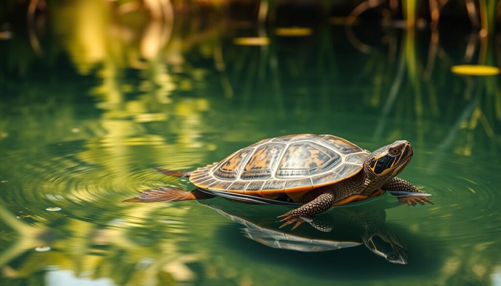A serene, naturalistic portrait of a Chinese turtle swimming gracefully in a tranquil pond. The turtle's shell is meticulously detailed, showcasing its intricate patterns and rich, earthy tones. The water is crystal clear, reflecting the turtle's movements and the lush, verdant vegetation surrounding the pond. Warm, soft lighting filters through the scene, creating a calming, contemplative atmosphere. The composition is balanced, with the turtle positioned as the focal point, emphasizing its timeless presence. This image conveys the longevity and peaceful existence of the Chinese turtle, perfectly illustrating the section on its lifespan.