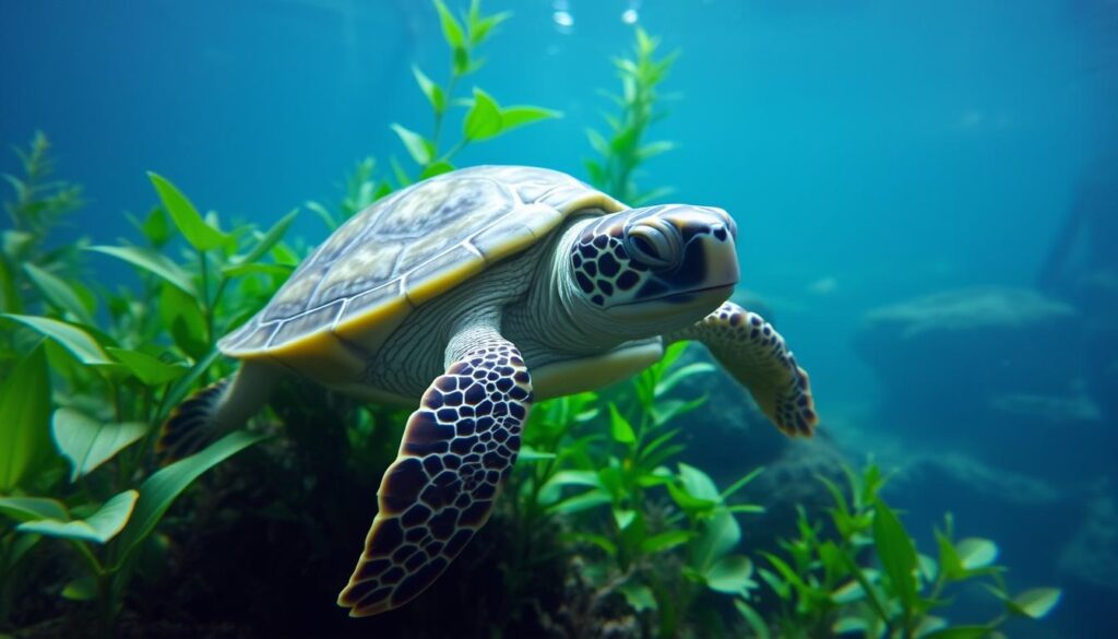 A serene underwater scene showcasing a healthy, vibrant turtle swimming gracefully among lush aquatic plants. The turtle's shell is clean and shiny, its eyes alert and its movements fluid, suggesting a well-cared-for creature. The lighting is soft and diffused, creating a calming atmosphere. The foreground features the turtle in sharp focus, while the middle ground contains a variety of aquatic flora in various shades of green. The background depicts the tranquil depths of the aquarium or natural habitat, with subtle hints of rocks or coral formations. The overall composition conveys a sense of harmony, highlighting the importance of proper care and maintenance for the turtle's overall well-being.