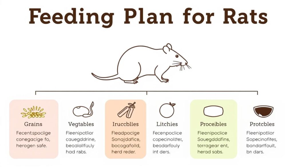 A stylized diagram of a rodent's dietary plan, rendered in a scientific, informative manner. A clean, minimalist layout with a plain background, allowing the content to take center stage. At the top, a bold title "Feeding Plan for Rats" showcases the topic. Beneath, simple icons and text blocks outline the ideal nutritional components - grains, vegetables, fruits, proteins - arranged in an organized grid. The overall impression is one of utility and practicality, tailored to educate the viewer on the appropriate dietary needs of pet or laboratory rats.
