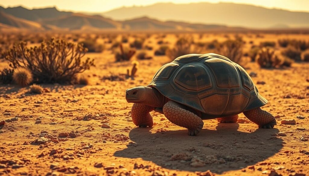 A tranquil desert landscape bathed in warm, golden sunlight. In the foreground, a stately steppe tortoise slowly ambles across the weathered, ochre-colored ground, its hard shell glistening. Delicate cacti and scrubby bushes dot the middleground, while distant, sun-baked hills rise up on the horizon. The tortoise's deliberate, unhurried movements convey a sense of timeless, patient endurance. The scene exudes a serene, contemplative atmosphere, inviting the viewer to slow down and observe the tortoise's unassuming yet fascinating activity.