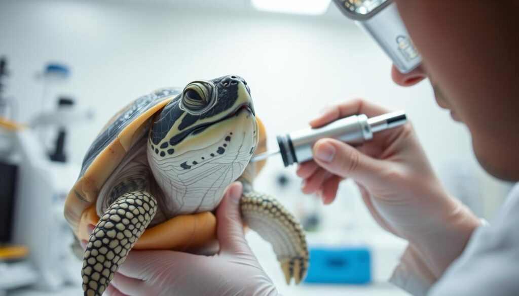A turtle's head emerging from its shell, with a focused expression, as a researcher gently examines its ear using a specialized otoscope. The scene is set in a well-lit, clinical environment, with scientific equipment and tools visible in the background. The lighting is soft and diffused, creating a sense of professionalism and attention to detail. The camera angle is slightly elevated, providing a clear view of the turtle's head and the researcher's hands at work. The overall mood is one of scientific inquiry and care, reflecting the research being conducted on the turtle's hearing abilities.
