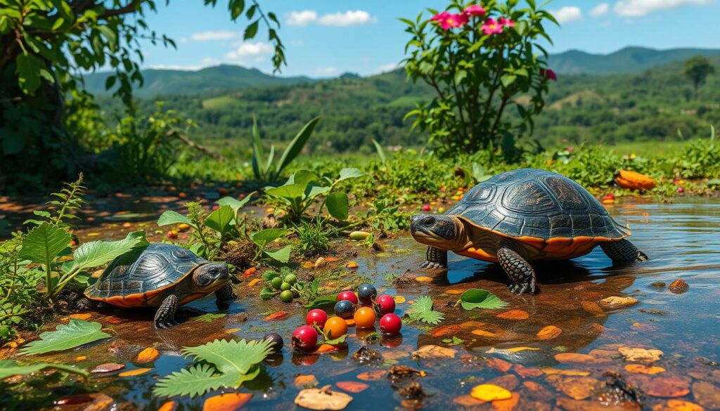 A vibrant scene of a semi-aquatic turtle foraging for a diverse array of food items in a lush, verdant habitat. In the foreground, the turtle cautiously emerges from the tranquil pond, its webbed feet and streamlined shell adapted for both aquatic and terrestrial environments. Nearby, a variety of nutritious greens, berries, and insects dot the moist soil, providing a balanced, natural diet for this unique, amphibious reptile. The mid-ground reveals a dense, tropical foliage, with cascading vines and flowering plants creating a rich, ambient lighting. In the distant background, gently rolling hills and a clear, azure sky set the scene for this comprehensive, hybrid ecosystem where the land and water converge, supporting the specialized needs of the water-land turtle.