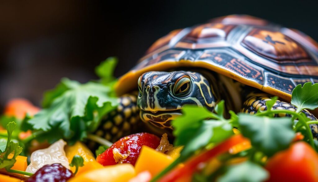 A vivid close-up of a red-eared slider turtle's diet, showcasing a variety of fresh, vibrant vegetables and greens. The lighting is soft and diffused, highlighting the textures and colors of the ingredients. The turtle is positioned in the foreground, its head emerging from the food, creating a sense of natural harmony between the animal and its sustenance. The background is slightly blurred, placing the focus on the nutritious bounty before the turtle. The overall mood is one of tranquility and nourishment, reflecting the importance of a balanced diet for the longevity of these fascinating reptiles.