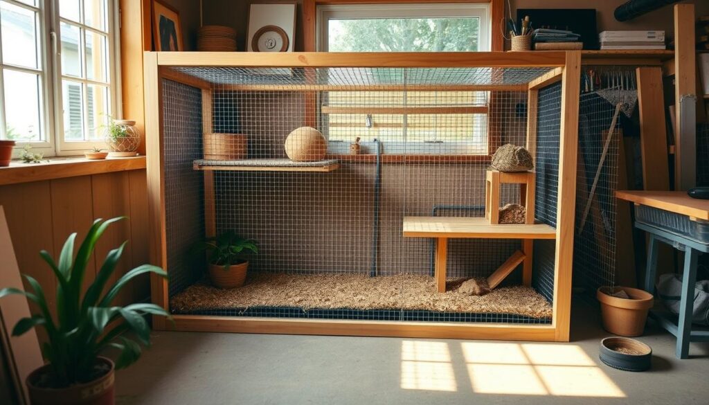A well-crafted DIY rat cage stands in a cozy home workshop, bathed in warm natural light from a large window. Sturdy wooden frames hold strong wire mesh panels, forming a spacious habitat with ample room for nesting areas and toys. Carefully selected materials like bamboo, cork, and natural wood accents create an inviting, nature-inspired aesthetic. Thoughtful design elements like slide-out trays and access doors make the cage easy to clean and maintain. An air of tranquility and care permeates the scene, reflecting the dedicated efforts of a devoted pet owner to create a perfect home for their beloved rodent companion.