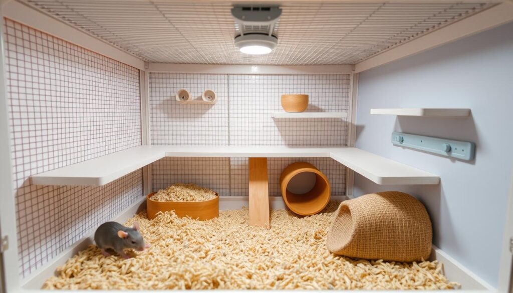 A well-designed rat cage showcasing its optimal features - a spacious interior with ample space for exercise and enrichment, constructed from sturdy, chew-proof materials in a neutral color palette. Sleek wire mesh panels allow for proper air circulation, while a deep substrate tray facilitates natural burrowing behaviors. Strategically placed shelves, tubes, and ramps encourage vertical exploration, with a cozy nesting area lined with soft, natural bedding. Optimal lighting simulates a natural day-night cycle, creating a warm, inviting atmosphere for the content, healthy rat inhabitants.