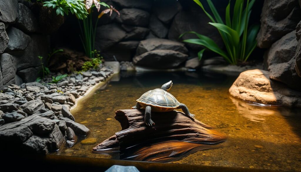 A well-equipped terrarium for a semi-aquatic turtle, featuring a rocky shoreline, lush aquatic plants, and a deep water pool. The enclosure is bathed in warm, natural lighting, casting a gentle glow over the scene. The turtle lounges on a partially submerged log, enjoying the perfect balance of land and water. The overall atmosphere conveys a sense of tranquility and comfortable living conditions, reflecting the ideal habitat for this species. Detailed textures, subtle shadows, and a harmonious color palette immerse the viewer in this captivating turtle's domain.