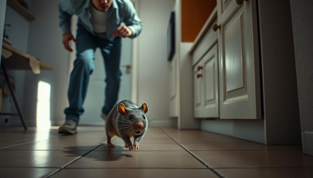 A well-lit indoor scene depicting a person cautiously evading a determined, scurrying rat. The person is in the foreground, alert and poised, their gaze fixed on the approaching rodent. The rat is in the middle ground, its beady eyes and sharp teeth visible as it scuttles across a tiled floor. The background is a simple, clean domestic setting - perhaps a kitchen or bathroom - with minimal clutter to maintain focus on the interaction. The lighting is bright yet natural, casting long shadows and highlighting the textures of the surfaces. An atmosphere of tension and vigilance pervades the scene, emphasizing the need for the person to react swiftly and decisively to avoid the rat's potential attack.